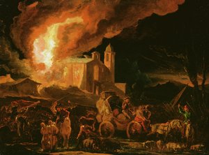 Soldaten plündern ein brennendes Kloster