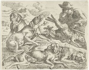 Vier Hunde, ein Jäger und ein Hase von Abraham Danielsz. Hondius