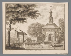 Ansicht des Zijlpoort in Leiden (De Zyl Poort, Titel auf Objekt) von Abraham Delfos