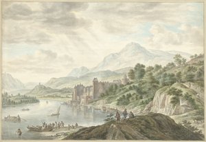 Hügellandschaft mit einem Schloss an einem Fluss