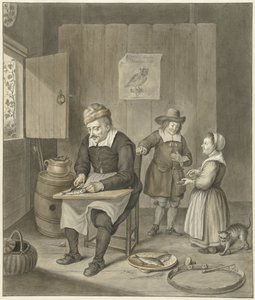 Interieur mit Mann, der Fische säubert, und zwei Kindern von Abraham Delfos