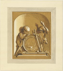 Putti stehend bei Medaillon mit Grabmal, in Nische von Abraham Delfos