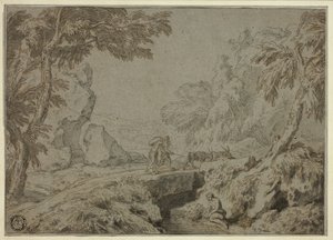 Landschaft mit Satyr, Ziegen und anderen Figuren