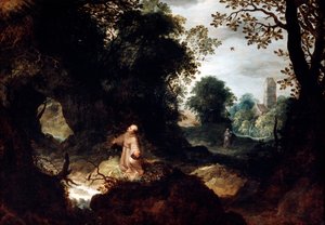Felsige Landschaft mit dem heiligen Franziskus, frühes 17. Jahrhundert von Abraham Govaerts