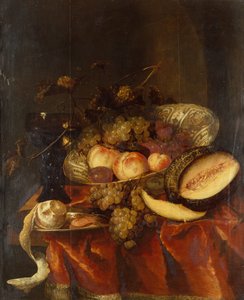 Früchte in einer Wanli Craak Porzellanschale mit einem Glas, Melone und Zinnteller von Abraham Hendricksz van Beyeren