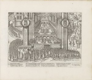 Ansicht des Äußeren der Westminster Abbey während der Krönung von James I. von Abraham Hogenberg