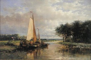 Niederländische Lastkähne auf einem Fluss (Öl auf Leinwand) von Abraham Hulk