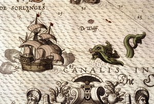 Ein Meeresmonster greift eine Galeone (Karavelle) an. Detail einer Karte in „Theatrum Orbis Terrarum“ von Abraham Ortelius, Antwerpen 1584. von Abraham Ortelius