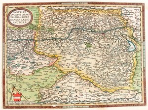 Austria Ducatus Chorographia Wolfgango Lazio Auctore Geographische Karte des Gebiets von Österreich mit der Donau und der Stadt Wien aus „Theatrum Orbis Terrarum“ von Abraham Ortelius (Oertel, Ortell oder Ortel)
