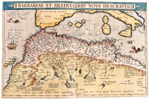 Barbariae und Biledulgerid, Nova Descriptio. Geographische Karte von Nordafrika aus „Theatrum Orbis Terrarum“ von Abraham Ortelius (Oertel, Ortell oder Ortel)