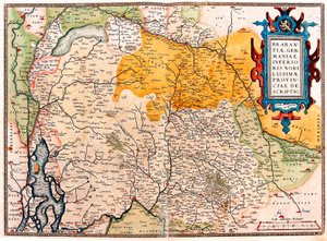 Brabantiae Germaniae Inferioris Nobilissimmae Provinciae Descriptio Geographiekarte des Territoriums südlich der Niederlande Germanic (Kempeland) aus „Theatrum Orbis Terrarum“ von Abraham Ortelius von Abraham Ortelius
