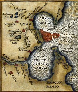 Ehemaliger Hafen von Syrakus (Sizilien) - in „Atlas“ von Abrahm Ortelius von Abraham Ortelius