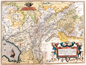 Gelriae, Cliviae, Finitimorum Qe Locorum Verissima Descriptio Christiano Schrot. Auctore. Geographische Karte des Gebiets der deutschen Niederlande aus „Theatrum Orbis Terrarum“ von Abraham Ortelius (Oertel, Ortell oder Ortel)
