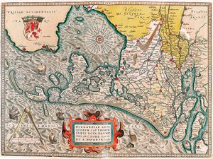Hollandiae antiquorum catthorum sedis nova descriptio, auctore lacobo a daventria Geographische Karte des Gebiets der Niederlande mit den Städten Amsterdam und Haarlem... aus „Theatrum Orbis Terrarum“ von Abraham Ortelius (Oertel, Ortell oder Orte