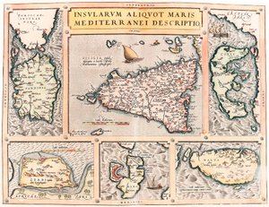 Insularum Aliquot Maris Mediterranei Descriptio. Geographische Karte der Mittelmeerinseln Sizilien, Sardinien, Korfu, Malta, Djerba und Elba aus „Theatrum Orbis Terrarum“ von Abraham Ortelius von Abraham Ortelius