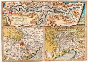 Larii Lacus Vulgo Tertorii Romani Fori Iulii. Geographische Karte von Norditalien aus „Theatrum Orbis Terrarum“ von Abraham Ortelius (Oertel, Ortell oder Ortel) von Abraham Ortelius