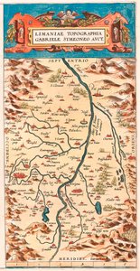 Limaniae topographed Gabriele Symeoneo Avct. Geografische Karte des Loire-Gebiets mit den Schlössern und Städten entlang des Flusses (Beaumont, Aigueperse, Clermont und Montferan (Montferrand), Beauregard, Cignac, Montaigu, Puy Guillaume...) aus „Theatrum 