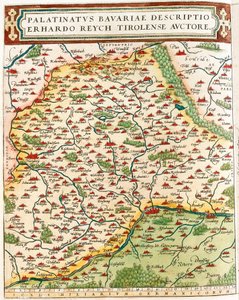 Palatinatus Bavariae descriptio Erhardo Reych Tirolense Auctore Geographiekarte des Territoriums von Bayern in Deutschland aus „Theatrum Orbis Terrarum“ von Abraham Ortelius von Abraham Ortelius