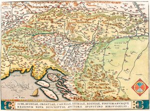 Schlavoniae, Croatiae, Carniae, Istriae, Bosniae, Finitimarumque Regionum Nova Descriptio, Auctore Augustino Hirsuogelio. Geographische Karte der Gebiete von Slawonien, Kroatien, Bosnien und Dalmatien aus „Theatrum Orbis Terrarum“ von Abraham Ortelius (Oer