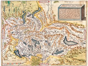 Schweiz, Deutschland (Bundesland: Baden-Württemberg, Bayern), Österreich (Bundesland: Vorarlberg), Liechtenstein, Italien (Region: Trentino-Südtirol, Lombardei, Piemont, Aostatal), Frankreich (Region: Franche-Comté, Rhône-Alpes, Elsass) von Abraham Ortelius