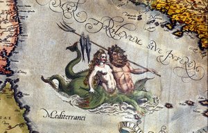 Triton und Sirene im Mittelmeer. „Theatrum Orbis Terrarum“ von Abrahm Ortelius, Antwerpen 1584.
