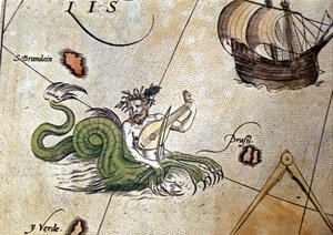 Triton spielt Laute in der Nähe der Insel Saint Brendan (Brandan). „Theatrum Orbis Terrarum“ von Abrahm Ortelius, Antwerpen 1584. von Abraham Ortelius