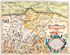 Typus Vindeliciae Ssive Utriusque Bavariae: Secundum antiquam & recentiorum situm, ab Joanne Aventino olim descriptus... Geographische Karte des Gebiets von Bayern in Deutschland aus „Theatrum Orbis Terrarum“ von Abraham Ortelius (Oertel, Ortell oder Ortel
