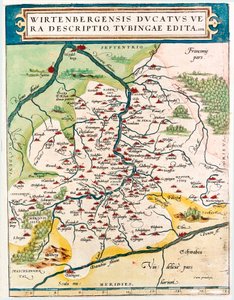 Wirtenbergensis Ducatus Vera descriptio, Tubingae edita 1558 Geographische Karte des Gebiets von Baden-Württemberg (Baden Württemberg) aus „Theatrum Orbis Terrarum“ von Abraham Ortelius (Oertel, Ortell oder Ortel)