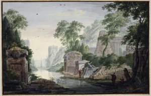 Alte Grabruinen in einer Flusslandschaft von Abraham Rademaker
