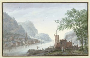 Bergige Landschaft mit Blick auf ein Dorf an einem Fluss von Abraham Rademaker