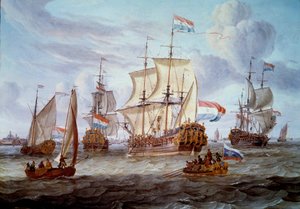Die Fregatte Peter und Paul im Hafen von Amsterdam. Gemälde von Abraham Storck (17. Jahrhundert)