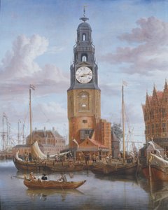 Ansicht des Haringspacker-Turms in Amsterdam, mit einer funktionierenden Uhr im Gemälde, 1684