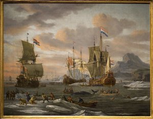 Walfang und Eisbärenjagd auf der Insel Spitzbergen (Arktischer Ozean) durch Schiffe der niederländischen Flotte von Abraham Storck