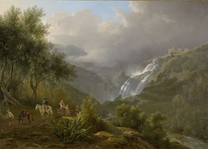 Die Kaskaden von Tivoli, mit einem herannahenden Sturm, 1824 von Abraham Teerlink