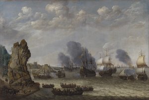 Eine Schlacht in der Nähe einer Küste zwischen Spaniern und landenden Niederländern von Abraham Willaerts