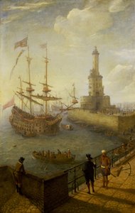Ein spanisches Dreimastschiff vor der Küste von Neapel (Italien), gesehen von einem gepflasterten Pier in der Stadt, in Richtung Leuchtturm und Gebäude des Mittelmeerhafens von Abraham Willaerts