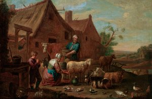 Bauernfamilie mit Rindern, Schafen und Ziegen in einem Bauernhof