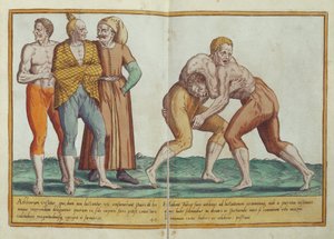 Türken beim Ringen, Kostüme des sechzehnten Jahrhunderts aus Omnium Poene Gentium Imagines, veröffentlicht in Köln, 1577