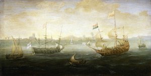 Ein niederländisches und ein britisches Boot mit der Stuart-Flagge segeln vor einem Hafen, umgeben von verschiedenen kleinen Booten von Abraham de Verwer