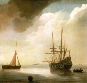Niederländisches Schiff auf ruhiger See. Zu seiner Linken ein arbeitendes Fischerboot, zu seiner Rechten ein verankertes Boot. Öl auf Holz von Abraham de Verwer (um 1585-1650) von Abraham de Verwer