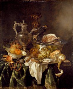 Stillleben mit einem silbernen Weinkrug und einem reflektierten Porträt des Künstlers von Abraham van Beyeren