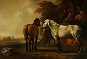 Pferde und Vieh in einer Landschaft von Abraham van Calraet