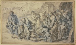 Alter Mann wird vor den Mauern einer Stadt von Einwohnern vom Boden aufgehoben von Abraham van Diepenbeeck
