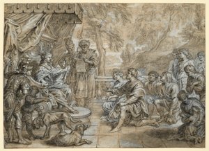 Eine Königin mit Hermelinmantel und Zepter (Semiramis?) auf einem Thron, vor ihr kniet eine Gruppe Männer und Frauen von Abraham van Diepenbeeck