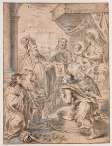 Maria mit Kind auf Thron, angebetet von drei Heiligen von Abraham van Diepenbeeck