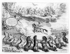 Der Marquis von Newcastle reitet auf Pegasus vor einer Versammlung der griechischen Götter und empfängt die Grüße irdischer Pferde, Illustration aus einem Reithandbuch des Marquis von Newcastle, veröffentlicht von Abraham van Diepenbeeck