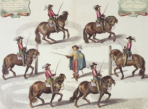 Der Marquis von Newcastle gibt Captain Mazin eine Reitstunde, Tafel 15 aus Die Methode und neue Erfindung der Pferdedressur von William Cavendish, graviert von Lucas Vo