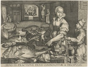 Küchenstück mit Frau, die Fisch säubert