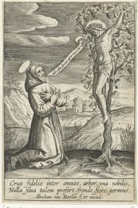 Kniender Heiliger vor Christus am Kreuz