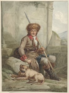 Sitzender Jäger mit Pelzmütze, Speer und Jagdtasche